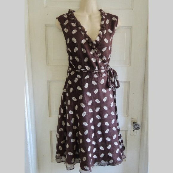 Kate Spade Brown Pineapple Embroidered 100% Silk Wrap Dress 10 - Picture 1 of 13